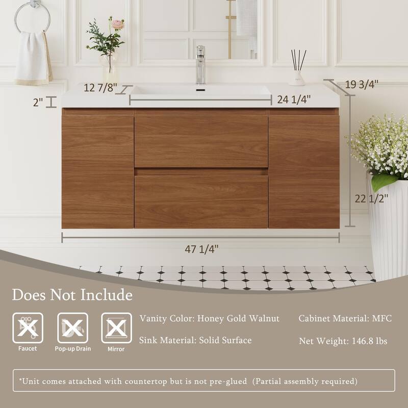 GDFStudio - Ethan Contemporary Floating Bathroom Vanity with Integrated Resin Sink and Soft-Close Storage Drawers