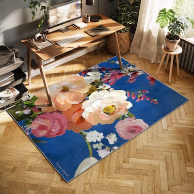Midnight Flowers I, Hand Washable Art Area Rug, power-loomed, 100% polyester, 2mm pile, non-slip back