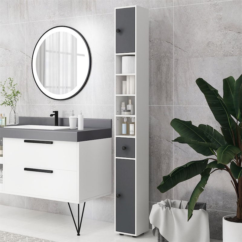 Grey Particle Board Bathroom Cabinet with Shelves, Drawers and Anti-Tip - 7.75" W x 7.75" D x 70.75" H