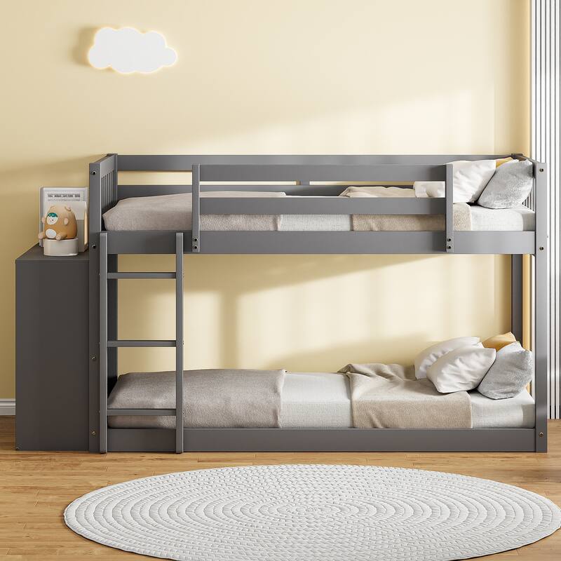 Twin Over Twin Bunk Bed with Storage, 4 Drawers, 3 Shelves, Gray Finish