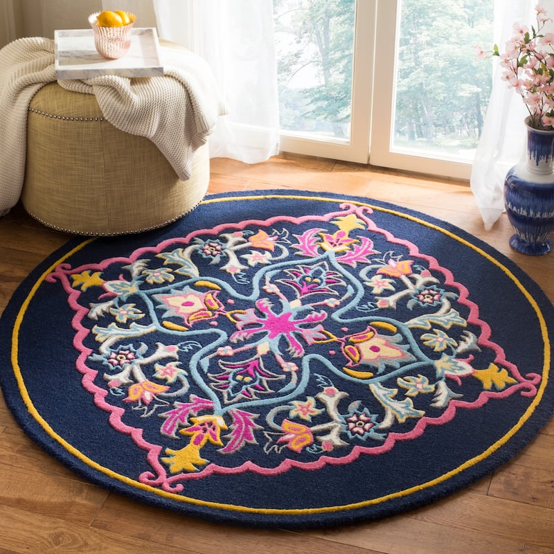 SAFAVIEH Handmade Bellagio Junie Medallion Wool Rug - 5' Round - Navy Blue/Multi - Round