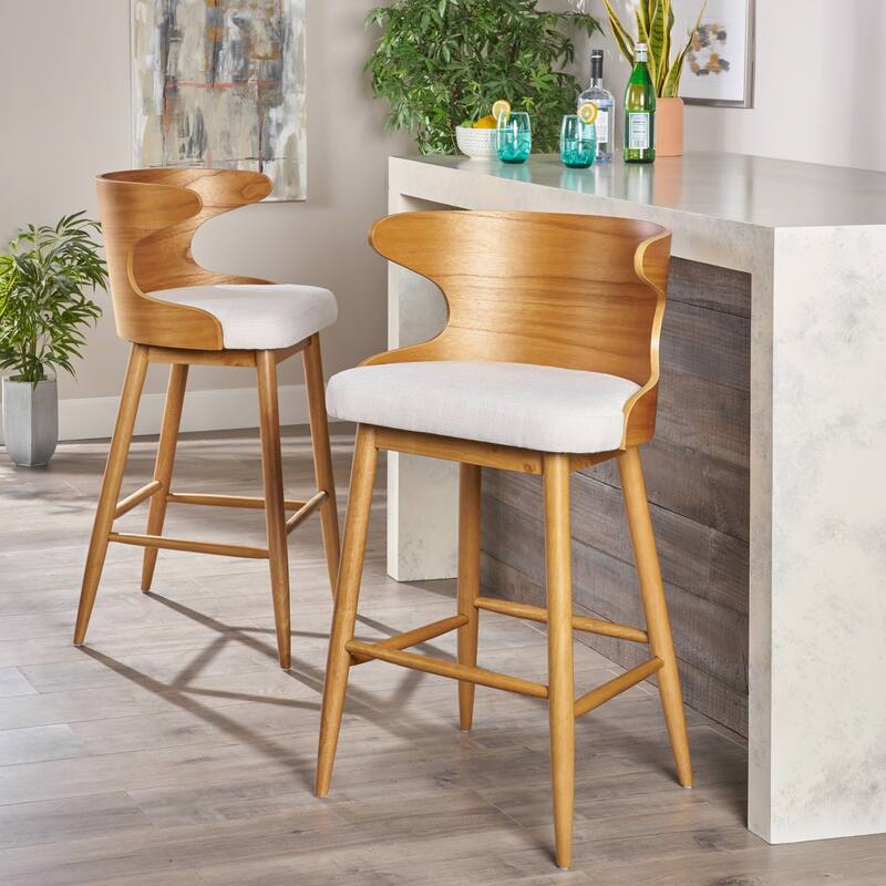 Mid-Century Set of 2 Bar Stools with Backrests Fabric Cushioned Seats, Solid Wood Legs for Dining Room Living Room and Bar
