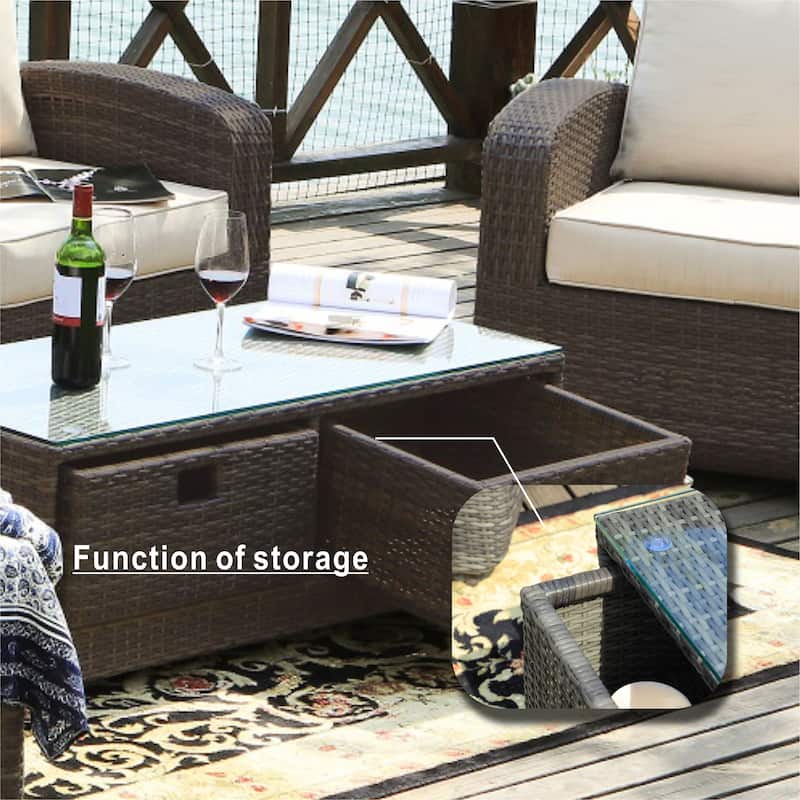 5-Piece Outdoor Wicker Sofa Set with Aluminum Firepit Table