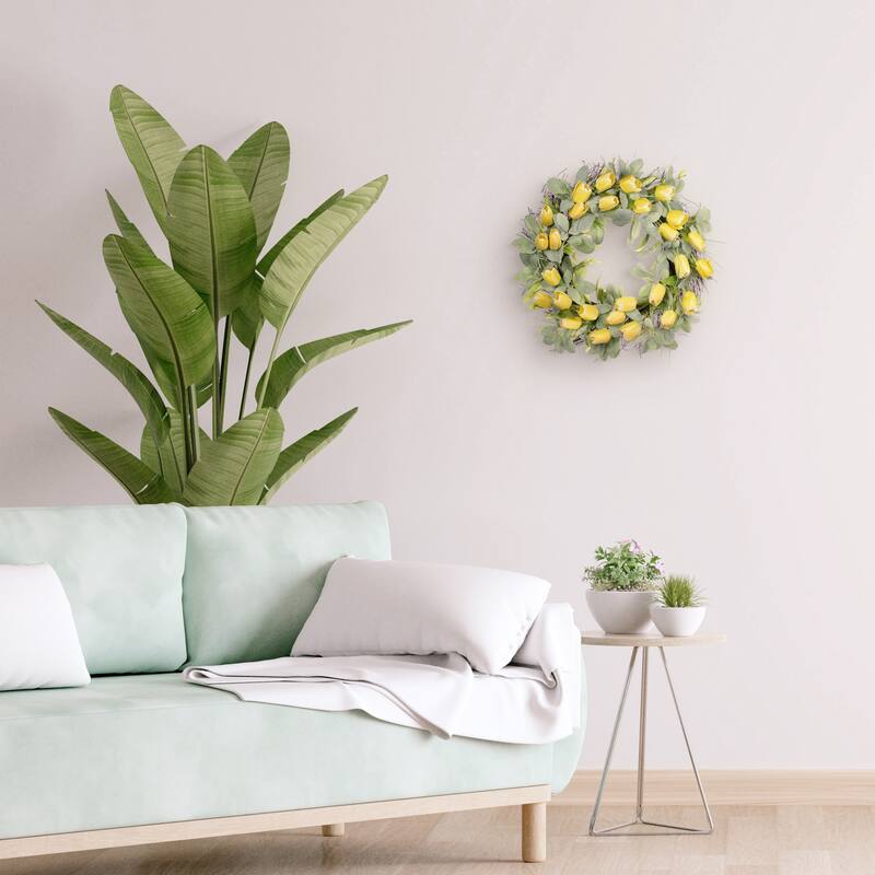 24" Artificial Tulip Floral Spring Wreath With Green Leaves