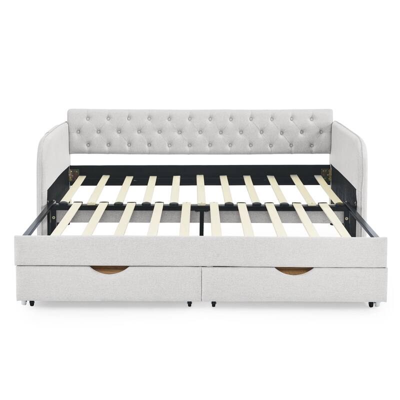 Twin Size Upholstery Daybed with Sofa Bed and Two Storage Drawers,Flat Arms with Pocket,Extendable Daybed for Living Room