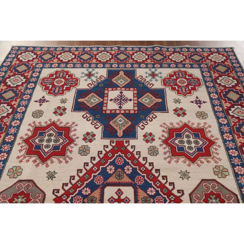 Hand Knotted Oriental 100% Wool Carpet Traditional Geometric Beige & Ivories Kazak Area Rug - 9' 7'' X 6' 7''