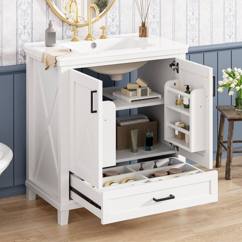 30" Bathroom Vanity with Single Ceramic Sink, 2 Soft-Close Doors, 1 Divided Drawer - White