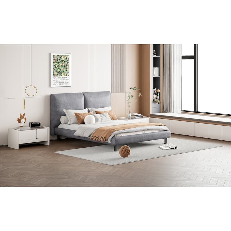 Gray Queen Size Upholstered Platform Bed with Two Large Headrests