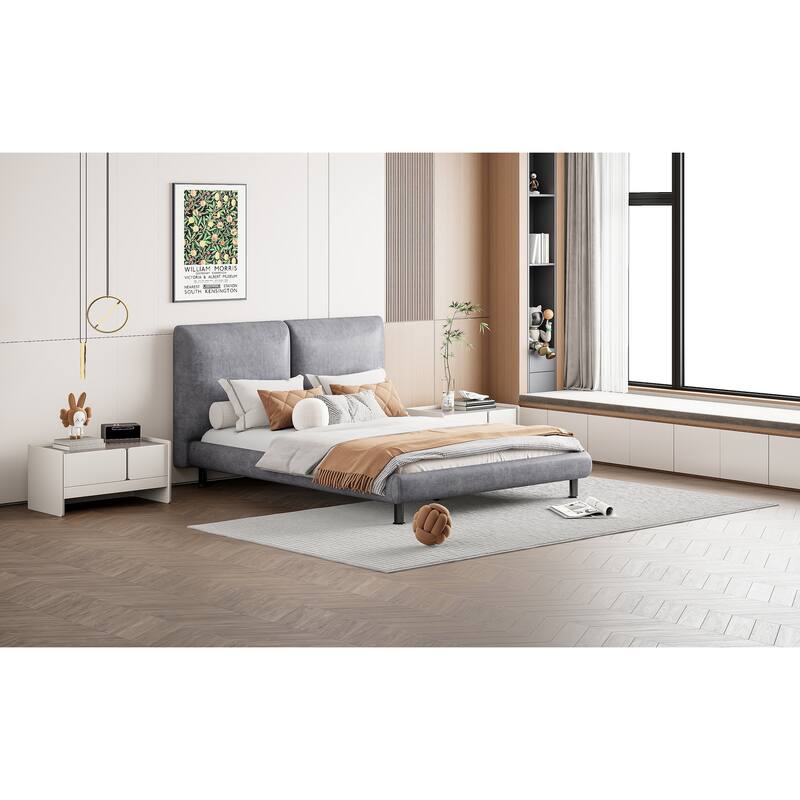 Queen Size Upholstered Platform Bed with Two Large Headrests and Thick Fabric, Polyester