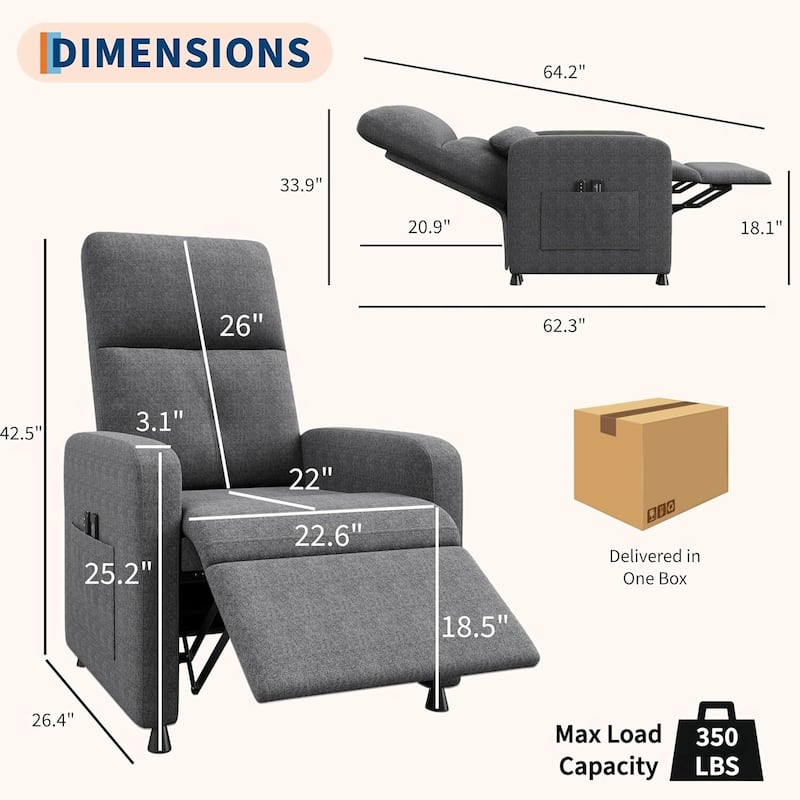 Adjustable Electric Linen Power Recliner Chair, Single Sofa with 2 Side Pockets and USB Port
