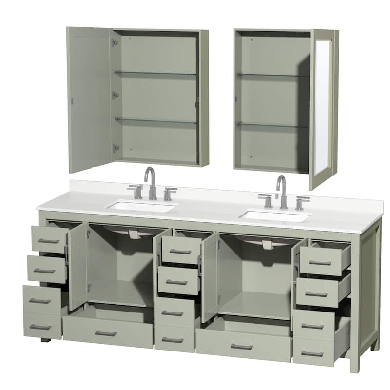 Sheffield 84-inch Double Vanity, 3 Hole Quartz Top, Med Cabinets