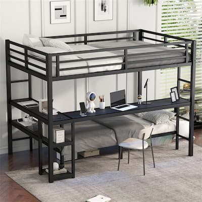 Black Metal Bunk Bed Loft Bed Frame with Desk, Shelves, LED and USB