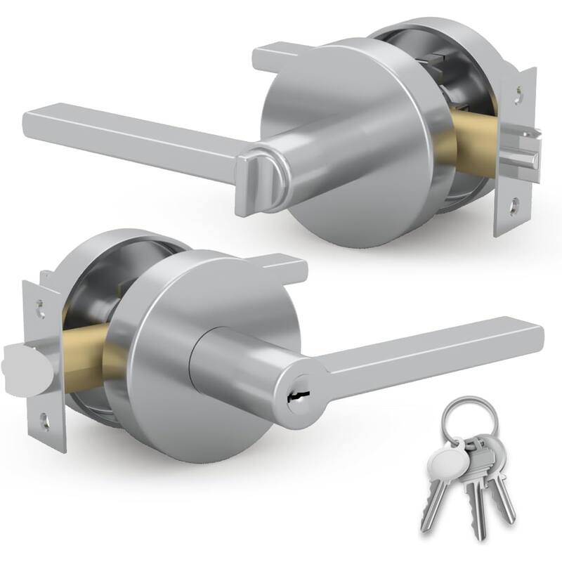 Mega Handles RALPH Entry Lever & Deadbolt Combo – Modern Stainless Steel Lock Set for Left/Right Doors, Square Rosette -  I Lever Door Lock Handle I Fits All Standard Door Sizes I Reversible Handing|Polished Chrome