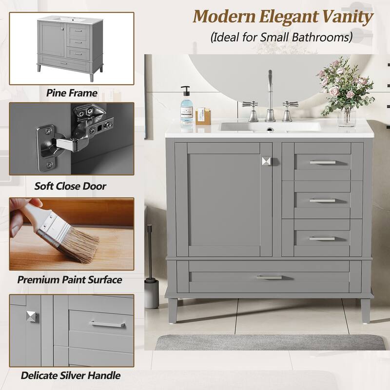 36" Bathroom Vanity with Ceramic Sink, Solid Pine Frame, Soft-Close Door & 3 Drawers - Modern Freestanding Cabinet