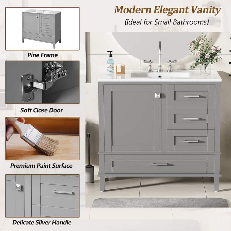 Roomfitters 36" Bathroom Vanity with Solid Pine Frame, 1 Soft Close Door and 3 Drawers, Modern Storage Cabinet
