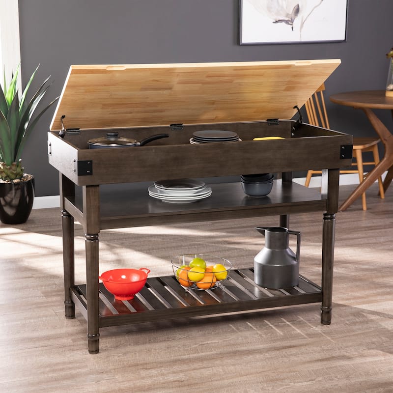 Stationary Kitchen Island with Butcher Block Top, Open Shelving, and Neutral Finish for Extra Prep Space