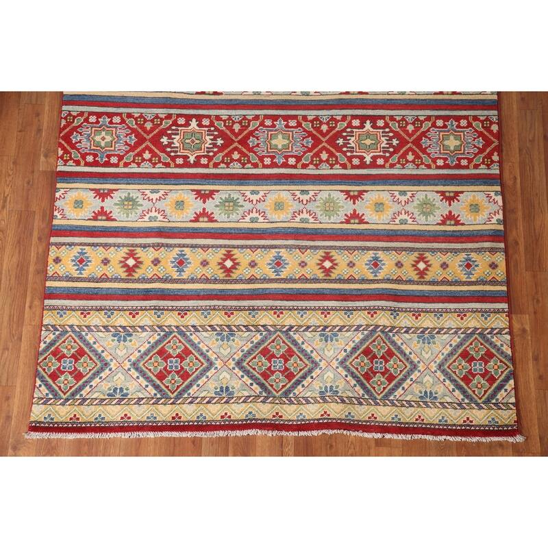 Striped Geometric Kazak Area Rug Hand-Knotted Wool Carpet - 4'11" x 6'7"