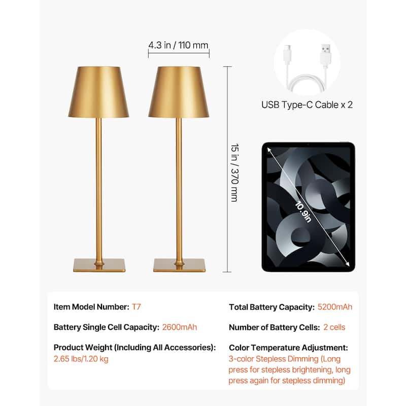 Cordless Table Lamp 2-Pack 5200mAh Built-in Rechargeable Battery Desk Lamp Gold