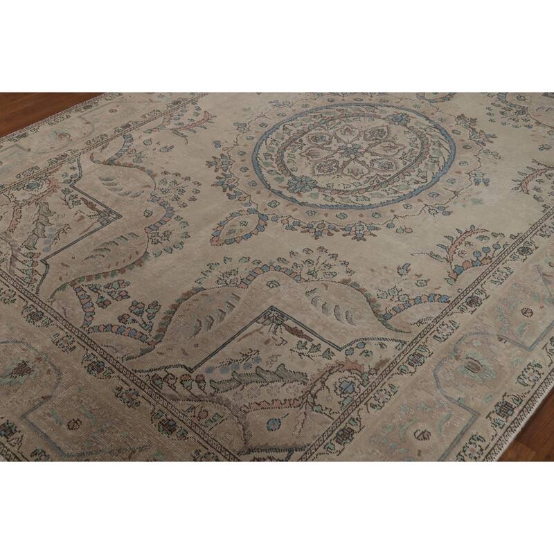 Medallion Tabriz Persian Area Rug Oriental Beige Handmade Wool Carpet - 6'9"x 9'7"