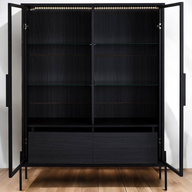 51.2" Tall Lighted Display Cabinet with Tempered Glass Doors, Metal Legs, LED Curio Cabinet for Living Room, Office, Study