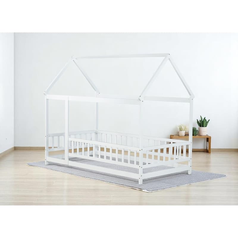 Twin / Full Size Wooden House Bed with Fence and Roof bed Frame, Montessori Style Floor Bed for Kids