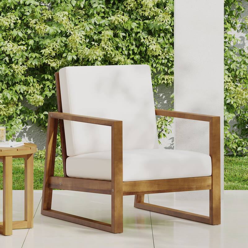 Roomfitters Modern Outdoor Wooden Club Chair with Clean-Line Frame and Weather-Resistant Cushions