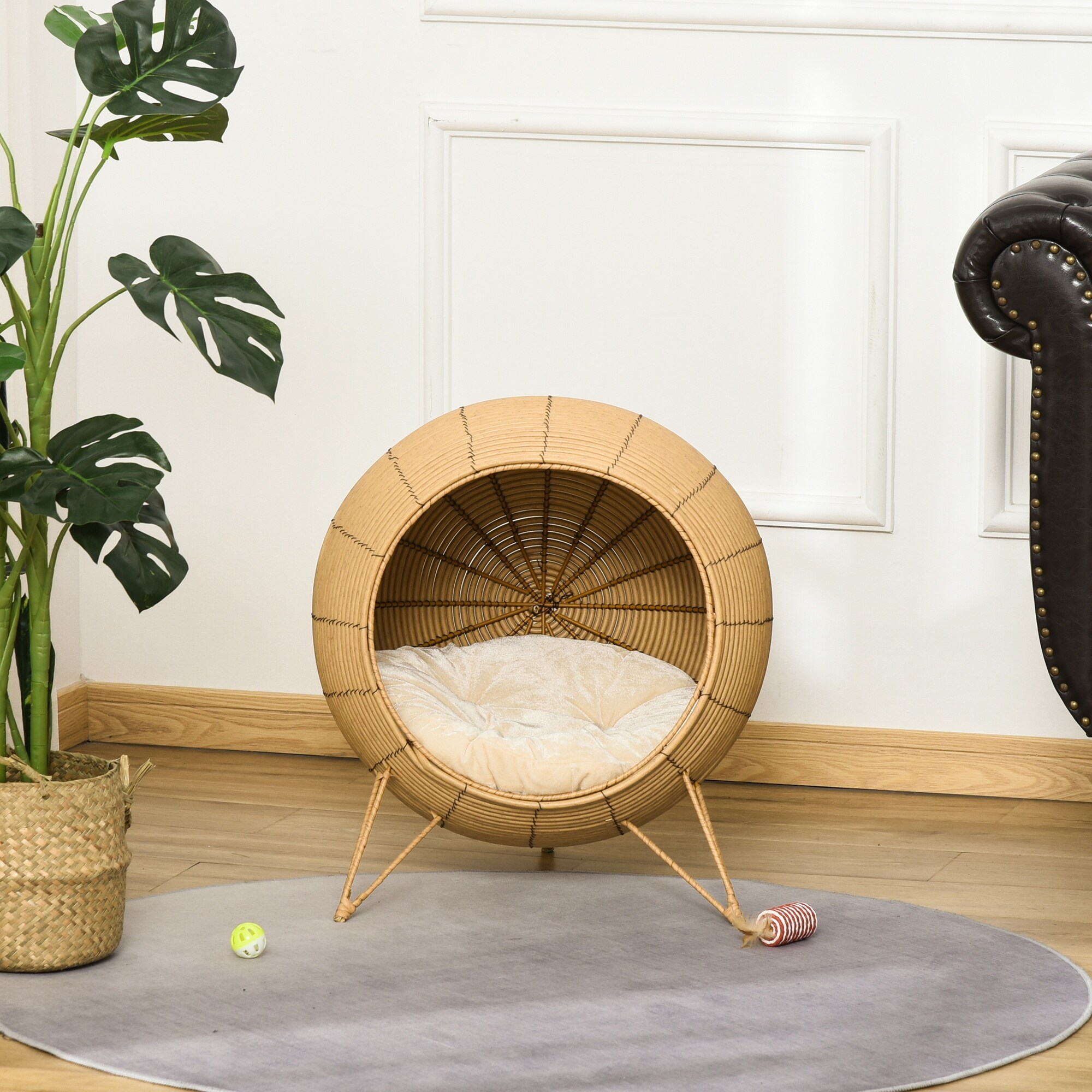 thumbnail image 2 of PawHut Wicker Cat Bed With Cushion - Elevated Rattan Pet Bed For Indoor Cats, Light Brown 2 of 9