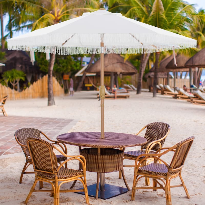 Ainfox 7FT Fringe Outdoor Patio Umbrella with Tilt Tassel Umbrella - BrightWhite