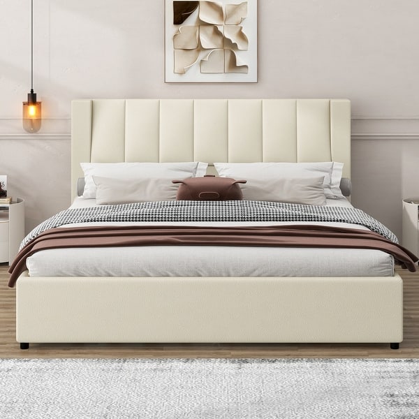 slide 2 of 12, King Size Bed Beige Upholstered Bed Slat Platform Bed with Twin SIze Trundle Bed & 2 Drawers, Hidden Storage Headboard, Beige Beige - King