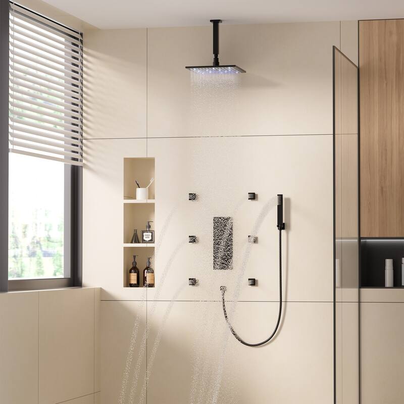 Celling 12 inch LED 3 Function Thermostatic Shower System with 6 Body Jets