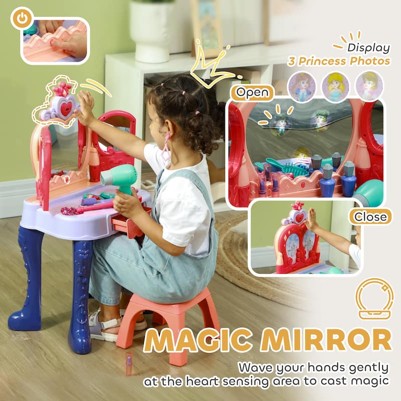 Kids Dressing Table Set with Light and Sound Mirror Stool 20 Accessories for Girls Ages 3-6 Multicolor Polypropylene ABS Acrylic