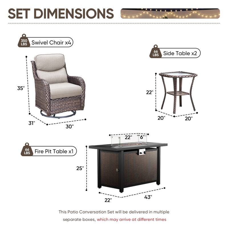 Pocassy Patio Sofa Swivel Chair Set with 43" Fire Pit Table