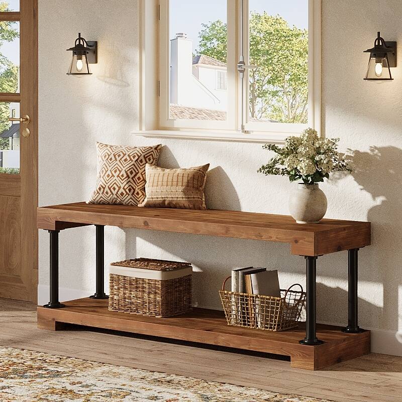 63 Inch Entryway Bench with Storage Shelves, Solid Wood Shoe Rack Bench for Indoor / Bedroom - 63.0" W x 13.8" D x 21.7" H - Black and Brown