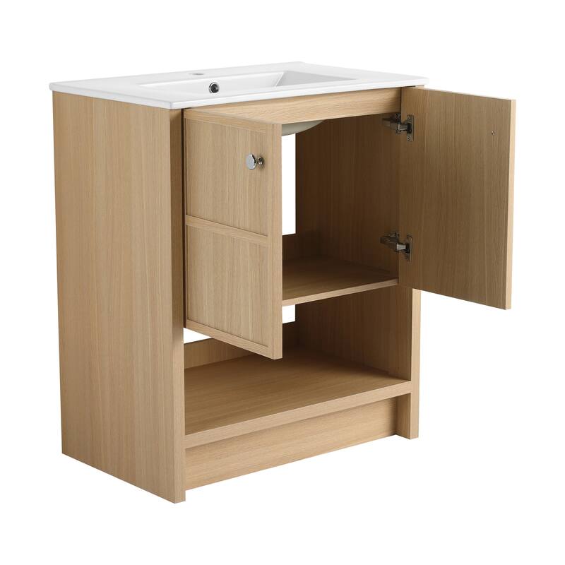GDFStudio - Bergen Modern Minimalist Freestanding Bathroom Vanity Cabinet with Ceramic Sink, Soft Close Doors& Open Shelf - 30"