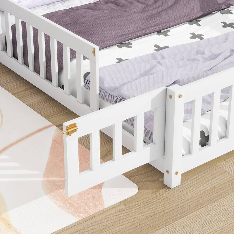 House-Shaped Full Floor Bed Frame with Fence Guardrails, Grey Wood