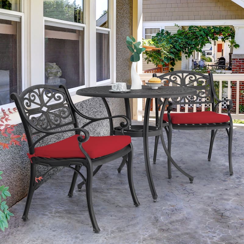 Outdoor Cast Aluminum Bistro Set of 3 with Umbrella Hole and Cushions