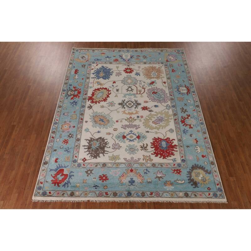 Floral Ivory & Blue Oushak Oriental Area Rug Handmade Wool Carpet - 9'0"x 11'7"
