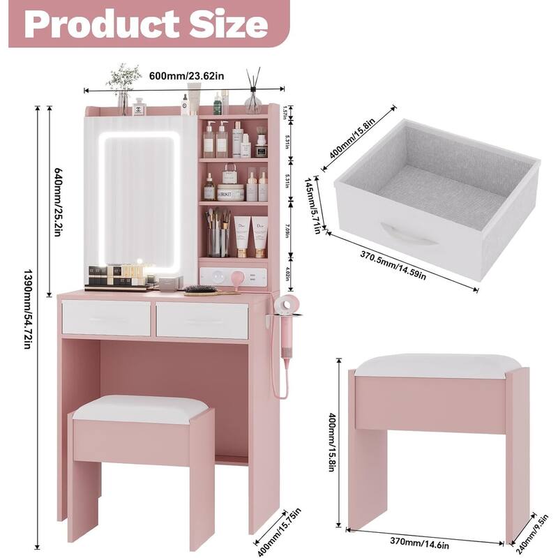2 Drawer Makeup Vanity Desk Set with Power Outlet, USB Ports, Stool