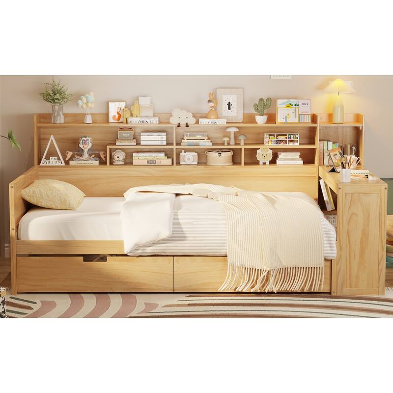 Twin Wooden Daybed with Storage Shelves, Multi-functional Bed with Two Storage Drawers and Study Desk