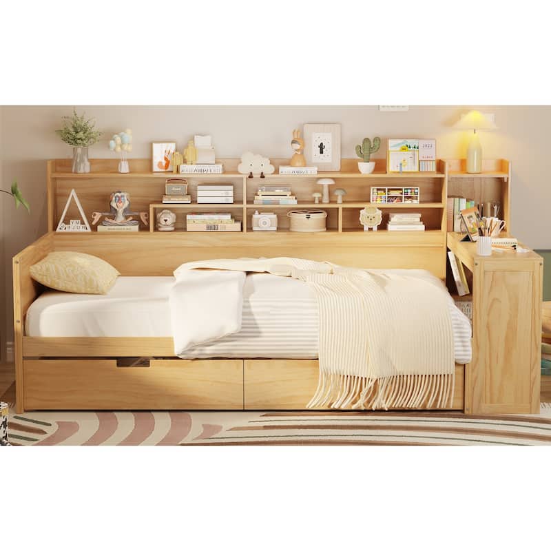 Wooden Twin Size Daybed with Storage Shelves, Two Drawers & Study Desk,Natural