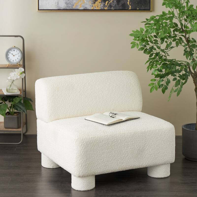 White Polyester Square Boucle Living Room Accent Chair - White