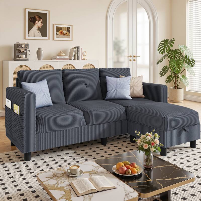 76'' Modern L-Shaped Sofa Couch with Movable Ottoman & Storage - DarkGrey