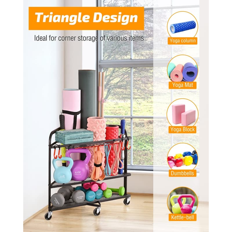 Corner Yoga Mat Storage Rack Rolling Home Gym Organizer with Hooks