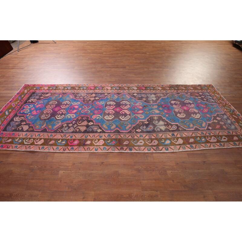 Geometric Meshkin Persian Vintage Runner Rug Hand-Knotted Wool Carpet - 3'9" x 10'6"