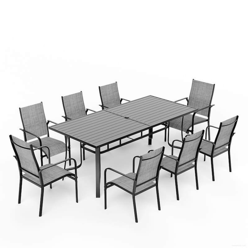 5/7/9-Piece Outdoor Patio Dining Set with Stackable Textilene Chairs and Slatted Table, Furniture with Adjustable Umbrella Hole