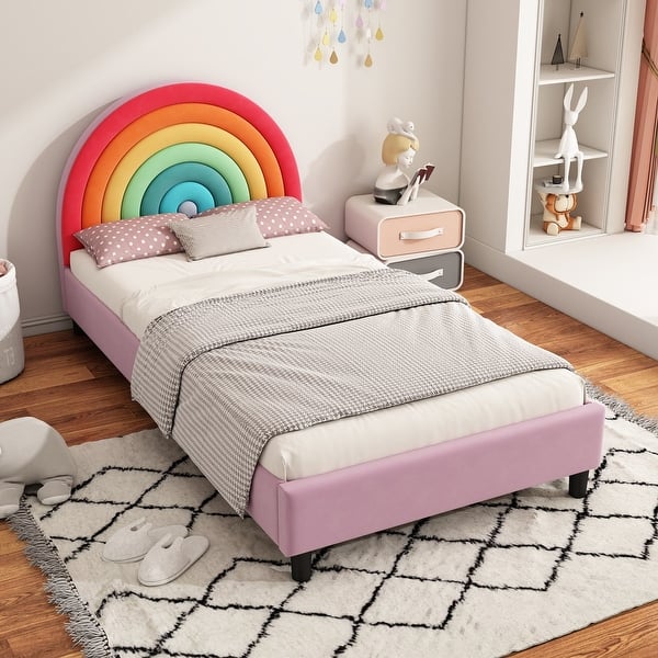 slide 2 of 8, Colorful Wood Frame Small Singel Platform Bed with Rainbow Design Headboard Colorful - Twin