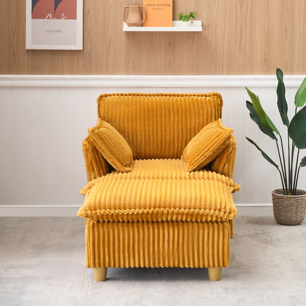Single Sofa with Ottoman, Comfy Corduroy Upholstered Armchair, Lounge Chair with Throw Pillows for Living Room, Balcony