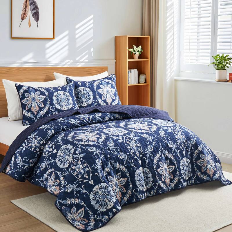 3 PCS Printed Coverlet Set Floral Geometric Bedspread Reversible Quilt and Shams Set