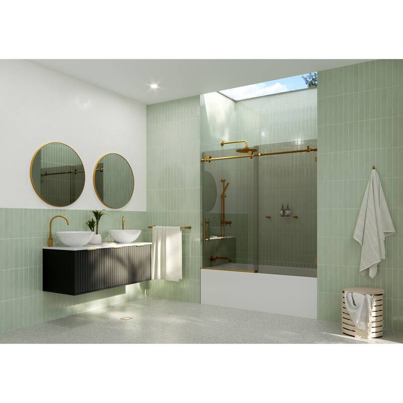 Equinox 60 in. x 60 in. Fully Frameless Glass Bath Slider with Gray Tint - Satin Brass