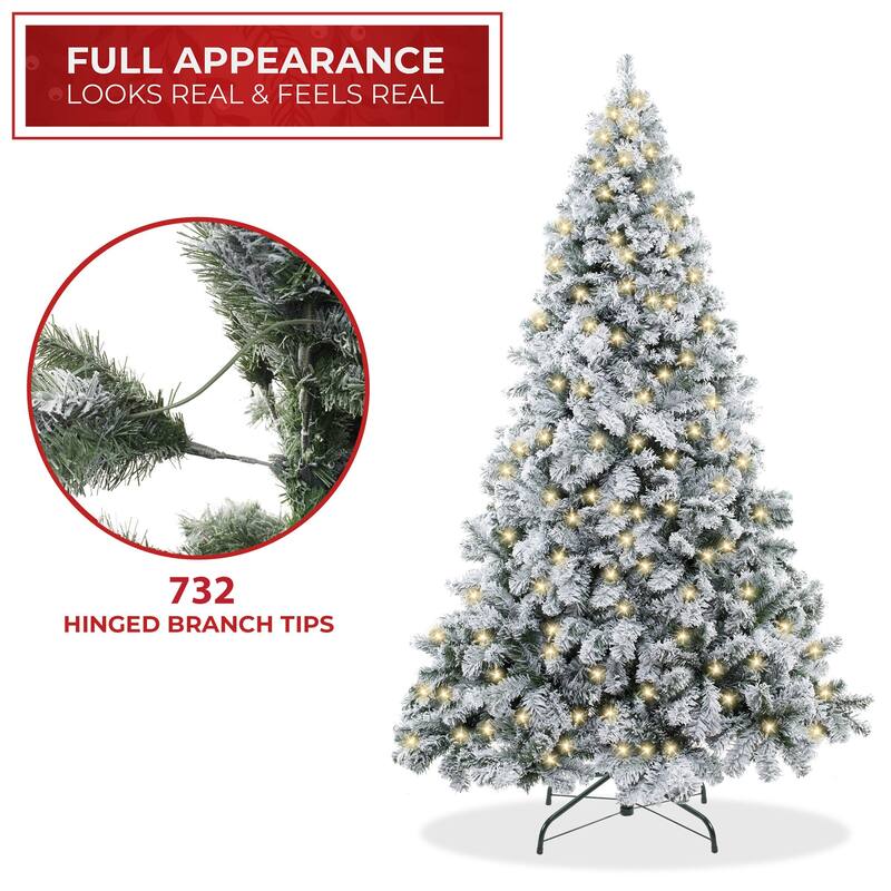 6ft PreLit SnowFlocked Pine Artificial Holiday Christmas Tree w Stand - 6 ft Pre-lit